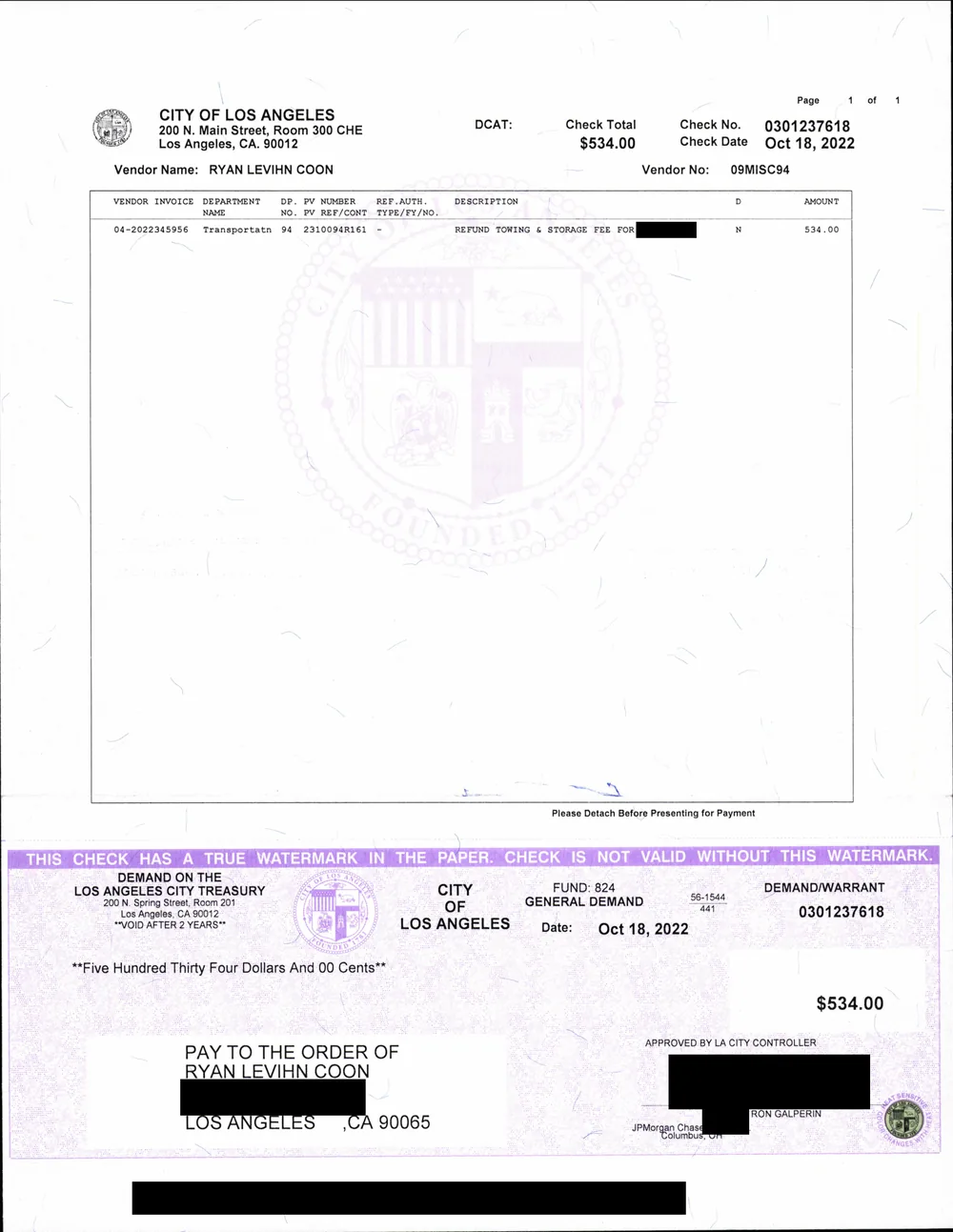 City of Los Angeles check number 0301237618, dated October 18, 2022, for $534.00, payable to Ryan Levihn-Coon, Los Angeles, with the description: refund towing and storage fee. The bank routing and account line, the signature, the street address and the vehicle plate are blacked out.