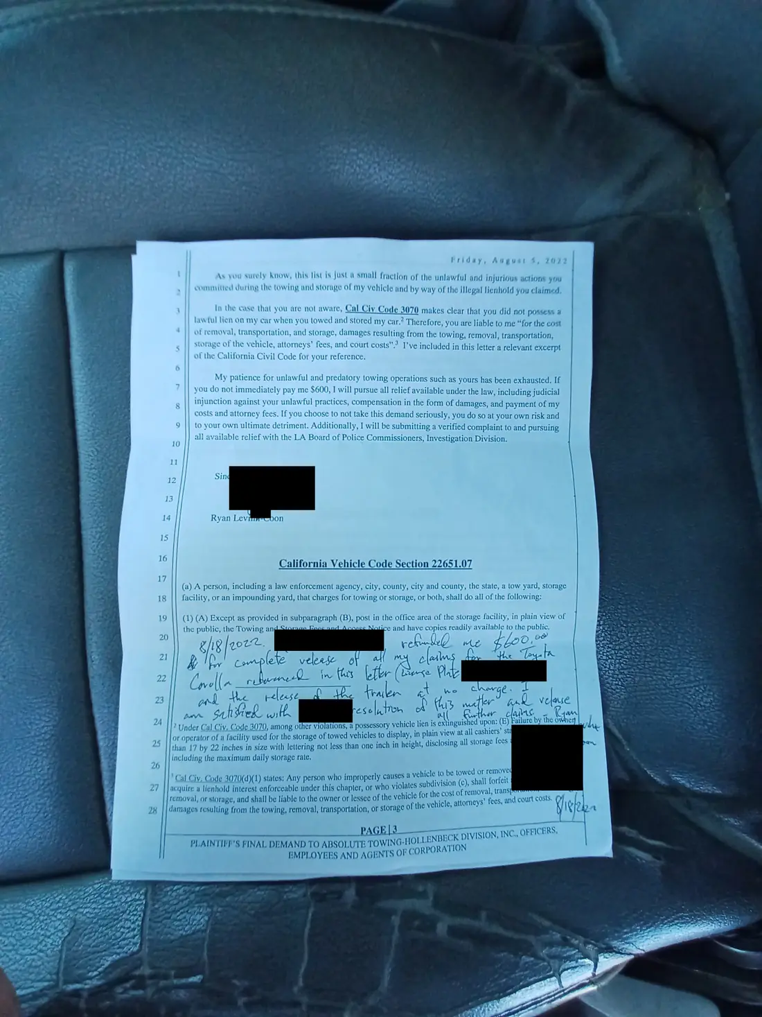 Page 3 of a typed demand letter dated August 5, 2022, citing California Vehicle Code 22651.07 and Civil Code 3070, with a handwritten note dated August 18, 2022 saying $600 was refunded and the trailer released at no charge. The signature and plate are blacked out.