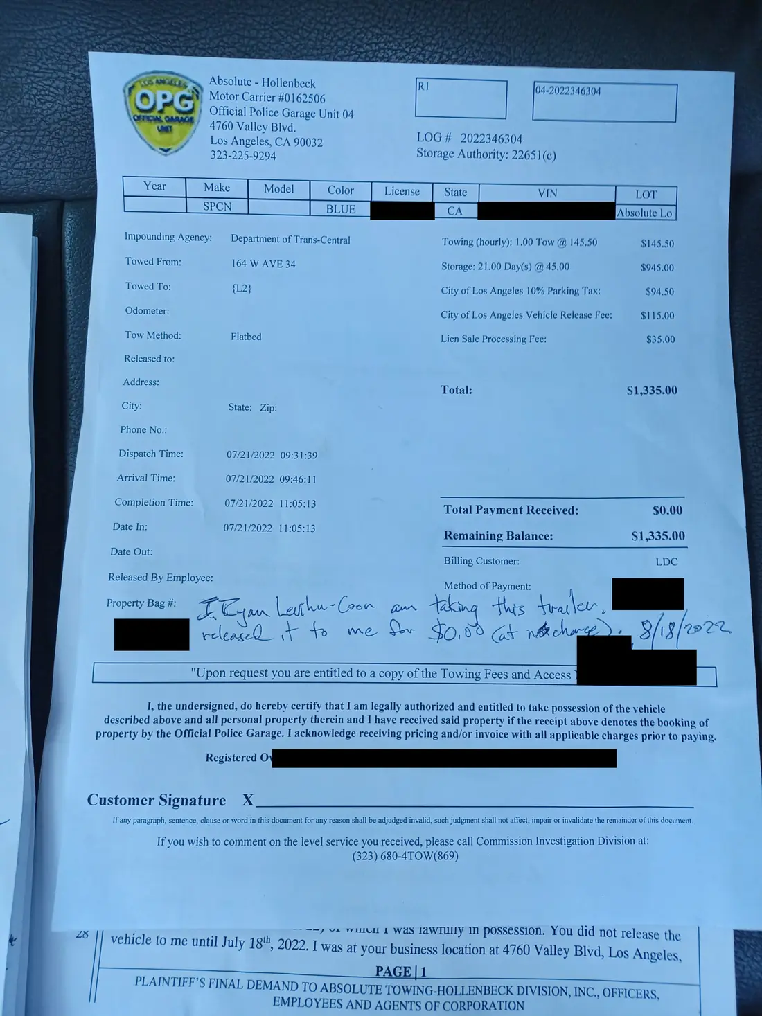 Storage-lot invoice for a blue trailer towed July 21, 2022, total $1,335.00, with a handwritten note dated August 18, 2022 saying it was released for $0.00. The plate, VIN and owner are blacked out.